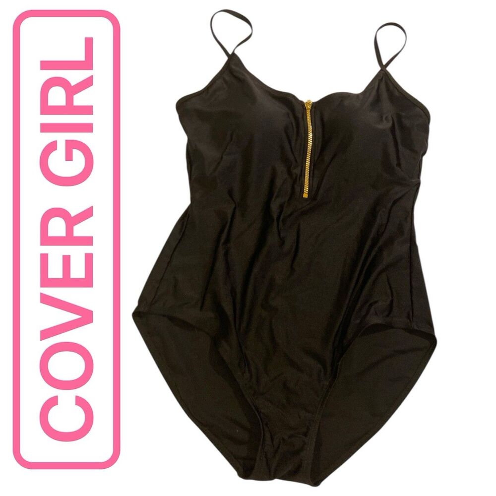 Cover Girl One-Piece Swimsuit Size 18/2X Black Bikini Zip Front NEW $100 MSRP